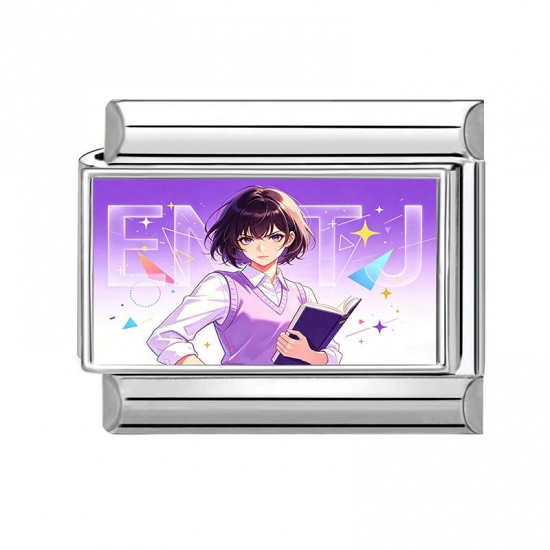 Picture of 1 Piece 304 Stainless Steel MBTI Personality Type Italian Charm Links For DIY Modular Bracelet Watch Jewelry Making Wholesale Silver Tone Purple Rectangle Girl Message " ENTJ " 10mm x 9mm