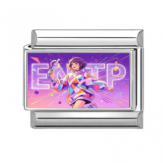 Picture of 1 Piece 304 Stainless Steel MBTI Personality Type Italian Charm Links For DIY Modular Bracelet Watch Jewelry Making Wholesale Silver Tone Purple Rectangle Girl Message " ENTP " 10mm x 9mm