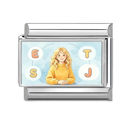 Picture of 1 Piece 304 Stainless Steel MBTI Personality Type Italian Charm Links For DIY Modular Bracelet Watch Jewelry Making Wholesale Silver Tone Light Blue Rectangle Girl Message " ESTJ " 10mm x 9mm