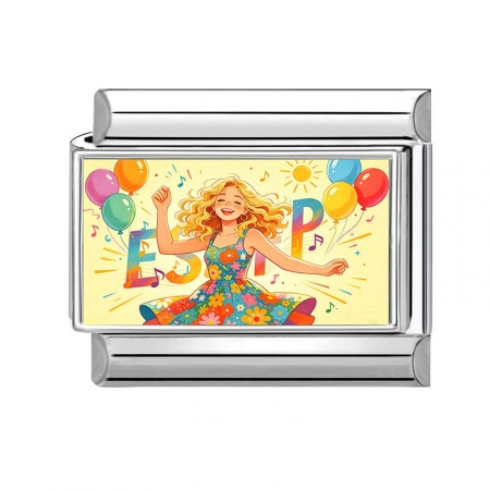 Picture of 1 Piece 304 Stainless Steel MBTI Personality Type Italian Charm Links For DIY Modular Bracelet Watch Jewelry Making Wholesale Silver Tone Yellow Rectangle Girl Message " ESFP " 10mm x 9mm