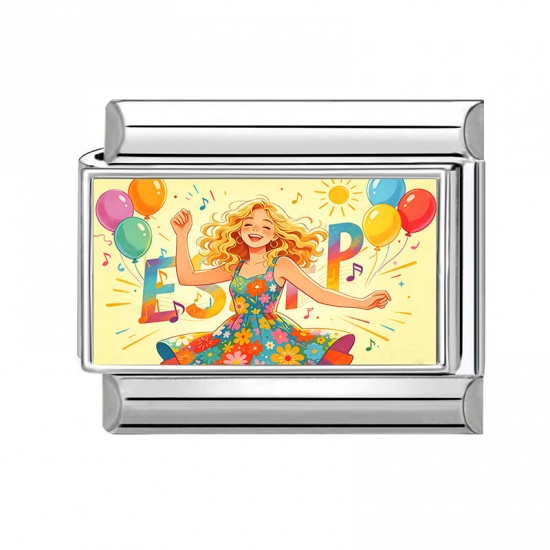 Picture of 1 Piece 304 Stainless Steel MBTI Personality Type Italian Charm Links For DIY Modular Bracelet Watch Jewelry Making Wholesale Silver Tone Yellow Rectangle Girl Message " ESFP " 10mm x 9mm