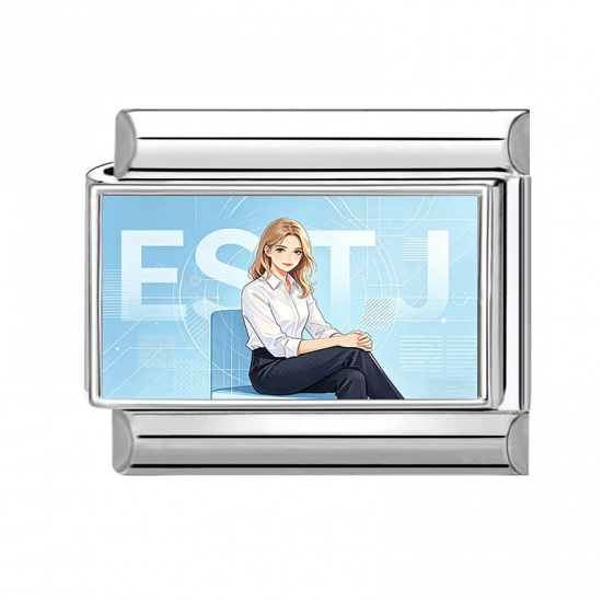 Picture of 1 Piece 304 Stainless Steel MBTI Personality Type Italian Charm Links For DIY Modular Bracelet Watch Jewelry Making Wholesale Silver Tone Light Blue Rectangle Girl Message " ESTJ " 10mm x 9mm