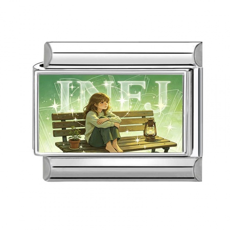 Picture of 1 Piece 304 Stainless Steel MBTI Personality Type Italian Charm Links For DIY Modular Bracelet Watch Jewelry Making Wholesale Silver Tone Green Rectangle Girl Message " INFJ " 10mm x 9mm
