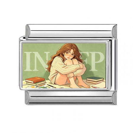 Picture of 1 Piece 304 Stainless Steel MBTI Personality Type Italian Charm Links For DIY Modular Bracelet Watch Jewelry Making Wholesale Silver Tone Green Rectangle Girl Message " INFP " 10mm x 9mm