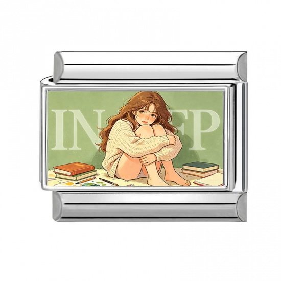 Picture of 1 Piece 304 Stainless Steel MBTI Personality Type Italian Charm Links For DIY Modular Bracelet Watch Jewelry Making Wholesale Silver Tone Green Rectangle Girl Message " INFP " 10mm x 9mm