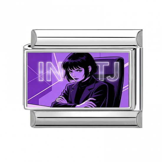 Picture of 1 Piece 304 Stainless Steel MBTI Personality Type Italian Charm Links For DIY Modular Bracelet Watch Jewelry Making Wholesale Silver Tone Purple Rectangle Girl Message " INTJ " 10mm x 9mm