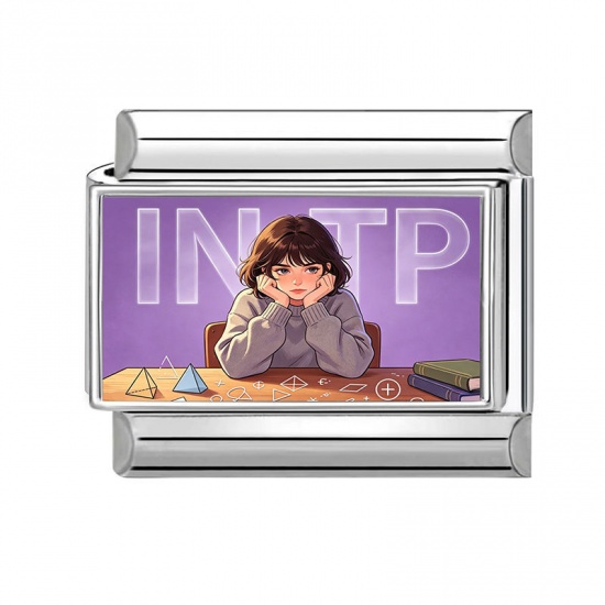 Picture of 1 Piece 304 Stainless Steel MBTI Personality Type Italian Charm Links For DIY Modular Bracelet Watch Jewelry Making Wholesale Silver Tone Purple Rectangle Girl Message " INTP " 10mm x 9mm