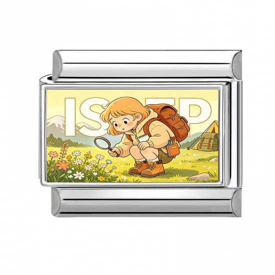 Picture of 1 Piece 304 Stainless Steel MBTI Personality Type Italian Charm Links For DIY Modular Bracelet Watch Jewelry Making Wholesale Silver Tone Yellow Rectangle Girl Message " ISFP " 10mm x 9mm