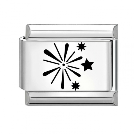 Picture of 1 Piece 304 Stainless Steel Birthday Italian Charm Links For DIY Modular Bracelet Watch Jewelry Making Wholesale Silver Tone Black Rectangle Fireworks 10mm x 9mm