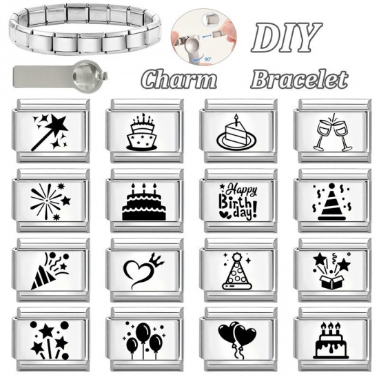 Imagen de 1 Unidad 304 Acero Inoxidable Cumpleaños Eslabones de Encanto Italianos para Hacer Pulseras Modulares Relojes y Joyas DIY Al Por Mayor Tono de Plata Negro Rectángulo Fuegos Artificiales 10mm x 9mm