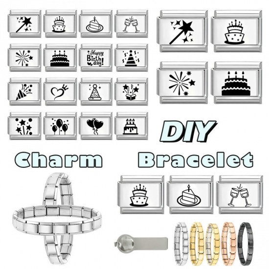 Imagen de 1 Unidad 304 Acero Inoxidable Cumpleaños Eslabones de Encanto Italianos para Hacer Pulseras Modulares Relojes y Joyas DIY Al Por Mayor Tono de Plata Negro Rectángulo Fuegos Artificiales 10mm x 9mm