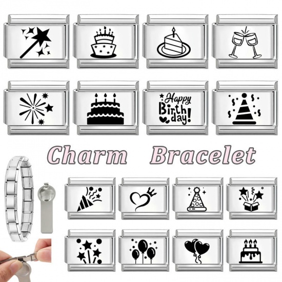 Imagen de 1 Unidad 304 Acero Inoxidable Cumpleaños Eslabones de Encanto Italianos para Hacer Pulseras Modulares Relojes y Joyas DIY Al Por Mayor Tono de Plata Negro Rectángulo Fuegos Artificiales 10mm x 9mm