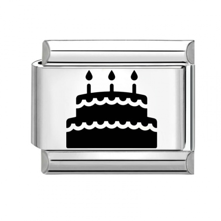 Picture of 1 Piece 304 Stainless Steel Birthday Italian Charm Links For DIY Modular Bracelet Watch Jewelry Making Wholesale Silver Tone Black Rectangle Cake 10mm x 9mm