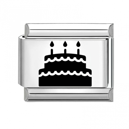 Imagen de 1 Unidad 304 Acero Inoxidable Cumpleaños Eslabones de Encanto Italianos para Hacer Pulseras Modulares Relojes y Joyas DIY Al Por Mayor Tono de Plata Negro Rectángulo Cake 10mm x 9mm