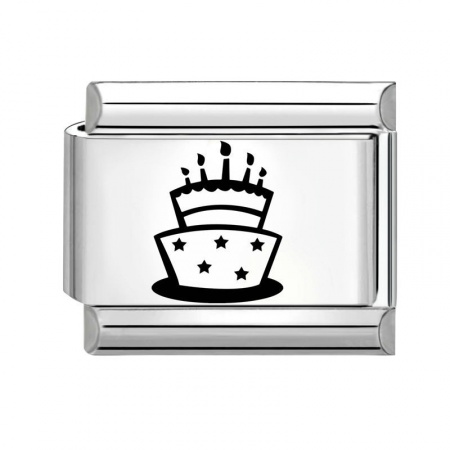 Picture of 1 Piece 304 Stainless Steel Birthday Italian Charm Links For DIY Modular Bracelet Watch Jewelry Making Wholesale Silver Tone Black Rectangle Cake 10mm x 9mm