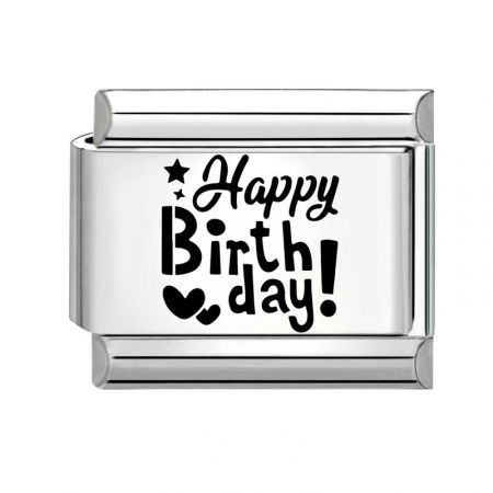Picture of 1 Piece 304 Stainless Steel Birthday Italian Charm Links For DIY Modular Bracelet Watch Jewelry Making Wholesale Silver Tone Black Rectangle Message " HAPPY BIRTHDAY " 10mm x 9mm