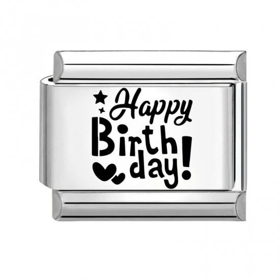 Imagen de 1 Unidad 304 Acero Inoxidable Cumpleaños Eslabones de Encanto Italianos para Hacer Pulseras Modulares Relojes y Joyas DIY Al Por Mayor Tono de Plata Negro Rectángulo Mensaje " Feliz Cumpleaños " 10mm x 9mm
