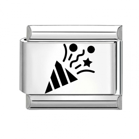 Picture of 1 Piece 304 Stainless Steel Birthday Italian Charm Links For DIY Modular Bracelet Watch Jewelry Making Wholesale Silver Tone Black Rectangle Confetti Popper 10mm x 9mm