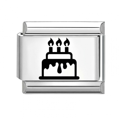 Picture of 1 Piece 304 Stainless Steel Birthday Italian Charm Links For DIY Modular Bracelet Watch Jewelry Making Wholesale Silver Tone Black Rectangle Cake 10mm x 9mm
