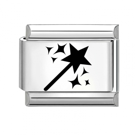 Picture of 1 Piece 304 Stainless Steel Birthday Italian Charm Links For DIY Modular Bracelet Watch Jewelry Making Wholesale Silver Tone Black Rectangle Pentagram Star 10mm x 9mm
