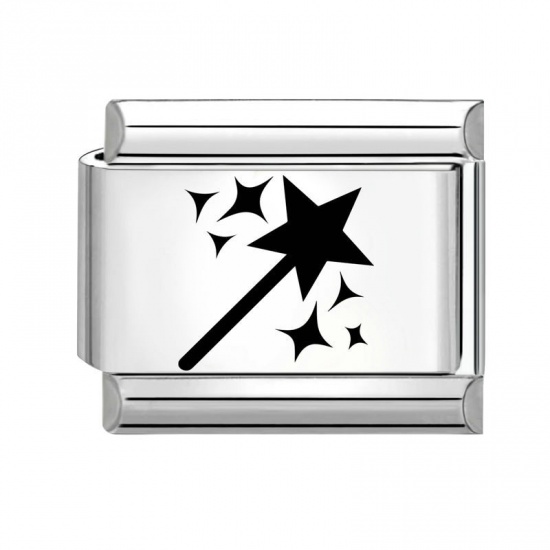 Imagen de 1 Unidad 304 Acero Inoxidable Cumpleaños Eslabones de Encanto Italianos para Hacer Pulseras Modulares Relojes y Joyas DIY Al Por Mayor Tono de Plata Negro Rectángulo Estrellas de cinco puntos 10mm x 9mm