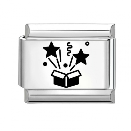 Picture of 1 Piece 304 Stainless Steel Birthday Italian Charm Links For DIY Modular Bracelet Watch Jewelry Making Wholesale Silver Tone Black Rectangle Pentagram Star 10mm x 9mm