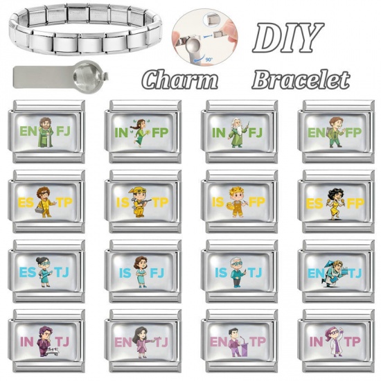 Picture of 1 Piece 304 Stainless Steel MBTI Personality Type Italian Charm Links For DIY Modular Bracelet Watch Jewelry Making Wholesale Silver Tone Green Rectangle Person Message " ENFJ " 10mm x 9mm