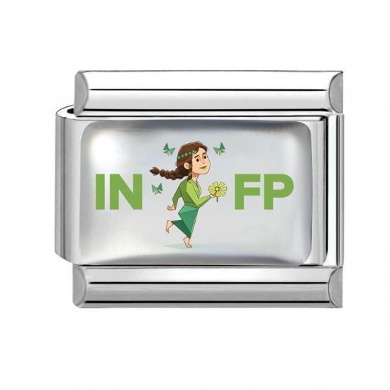Picture of 1 Piece 304 Stainless Steel MBTI Personality Type Italian Charm Links For DIY Modular Bracelet Watch Jewelry Making Wholesale Silver Tone Green Rectangle Person Message " INFP " 10mm x 9mm