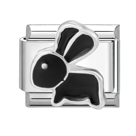 Picture of 1 Piece 304 Stainless Steel Italian Charm Links For DIY Modular Bracelet Watch Jewelry Making Wholesale Silver Tone Black Enamel Rectangle Rabbit 10mm x 9mm