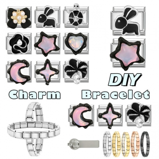 1 個 304ステンレス鋼 イタリアンチャームリンク DIY モジュラーブレスレット・時計用 卸売り シルバートーン 黒 エナメル 長方形 ウサギ 10mmx 9mm、 の画像