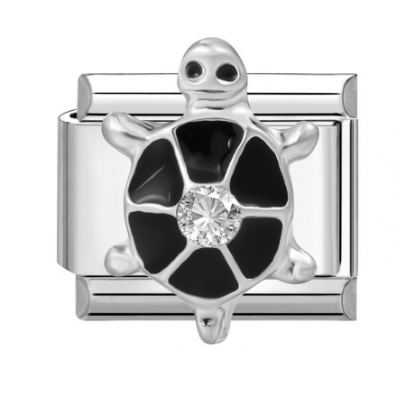 Picture of 1 Piece 304 Stainless Steel Italian Charm Links For DIY Modular Bracelet Watch Jewelry Making Wholesale Silver Tone Black Enamel Rectangle Tortoise Clear Rhinestone 10mm x 9mm