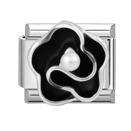 Picture of 1 Piece 304 Stainless Steel Italian Charm Links For DIY Modular Bracelet Watch Jewelry Making Wholesale Silver Tone Black Enamel Rectangle Flower Imitation Pearl 10mm x 9mm