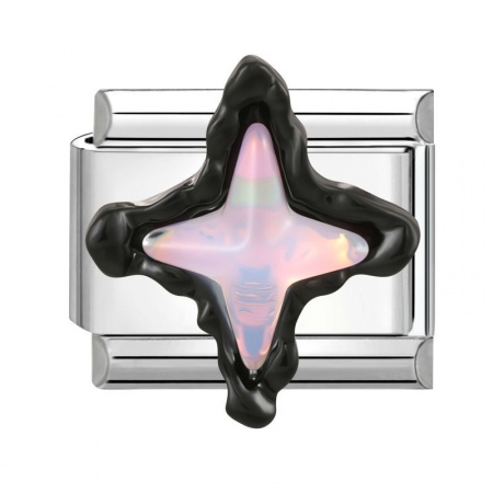 Picture of 1 Piece 304 Stainless Steel Italian Charm Links For DIY Modular Bracelet Watch Jewelry Making Wholesale Silver Tone Black Rectangle Star Light Pink Rhinestone 10mm x 9mm