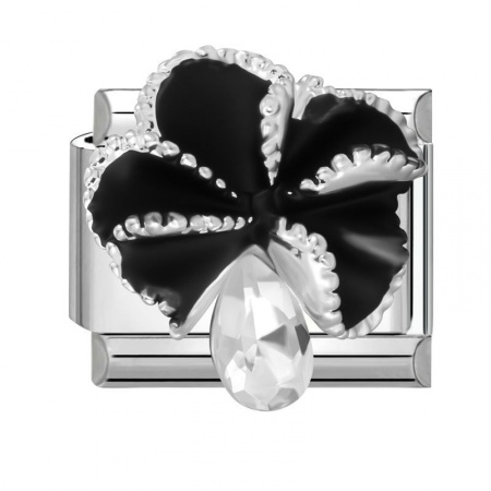 Picture of 1 Piece 304 Stainless Steel Italian Charm Links For DIY Modular Bracelet Watch Jewelry Making Wholesale Silver Tone Black Enamel Rectangle Flower Clear Rhinestone 10mm x 9mm