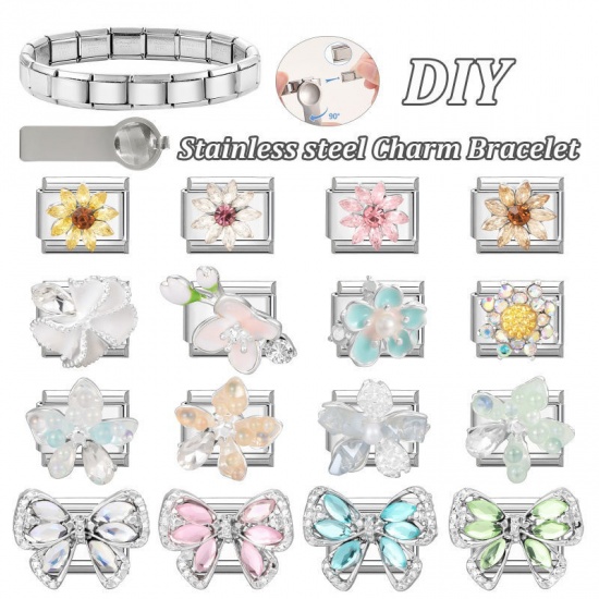 1 個 304ステンレス鋼 イタリアンチャームリンク DIY モジュラーブレスレット・時計用 卸売り シルバートーン 長方形 花 イエローラインストーン 10mmx 9mm、 の画像