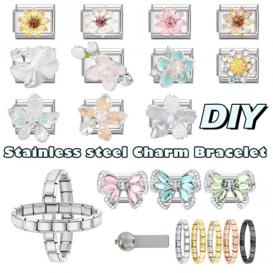 1 個 304ステンレス鋼 イタリアンチャームリンク DIY モジュラーブレスレット・時計用 卸売り シルバートーン 長方形 花 イエローラインストーン 10mmx 9mm、 の画像