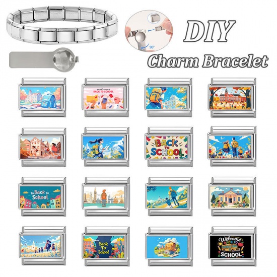 Picture of 1 Piece 304 Stainless Steel Italian Charm Links For DIY Modular Bracelet Watch Jewelry Making Wholesale Silver Tone Multicolor Rectangle Message " Back School " 10mm x 9mm