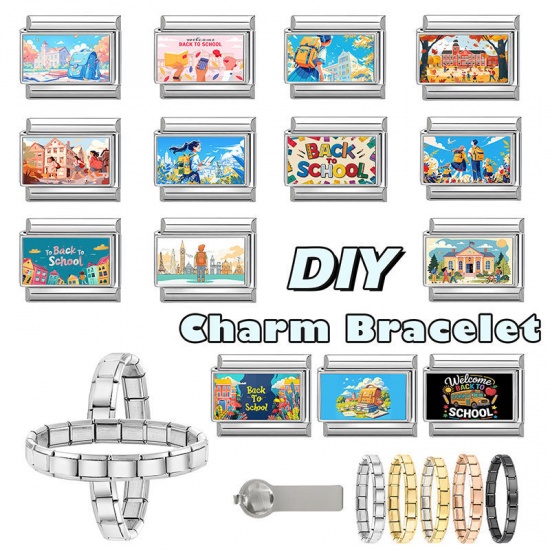 Picture of 1 Piece 304 Stainless Steel Italian Charm Links For DIY Modular Bracelet Watch Jewelry Making Wholesale Silver Tone Multicolor Rectangle Message " Back School " 10mm x 9mm