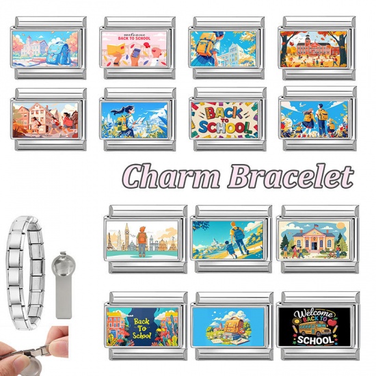 Picture of 1 Piece 304 Stainless Steel Italian Charm Links For DIY Modular Bracelet Watch Jewelry Making Wholesale Silver Tone Multicolor Rectangle Message " Back School " 10mm x 9mm