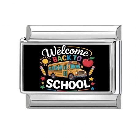 Picture of 1 Piece 304 Stainless Steel Italian Charm Links For DIY Modular Bracelet Watch Jewelry Making Wholesale Silver Tone Multicolor Rectangle School Bus Message " welcome back to school " 10mm x 9mm