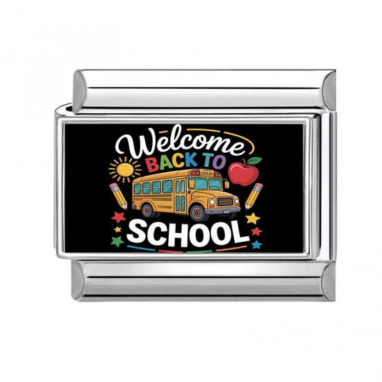 Picture of 1 Piece 304 Stainless Steel Italian Charm Links For DIY Modular Bracelet Watch Jewelry Making Wholesale Silver Tone Multicolor Rectangle School Bus Message " welcome back to school " 10mm x 9mm