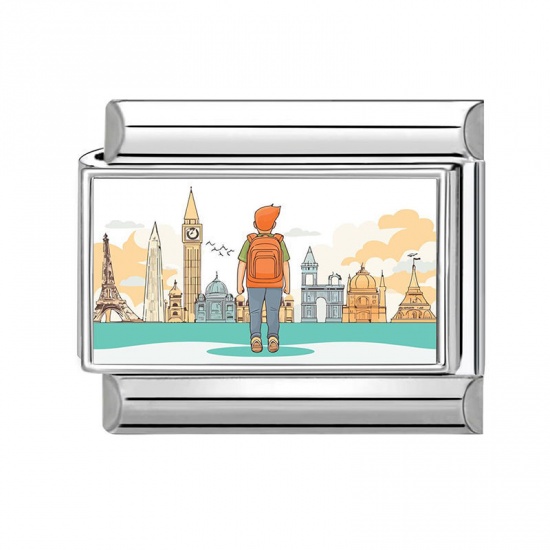 Picture of 1 Piece 304 Stainless Steel Italian Charm Links For DIY Modular Bracelet Watch Jewelry Making Wholesale Silver Tone Multicolor Rectangle Boy 10mm x 9mm