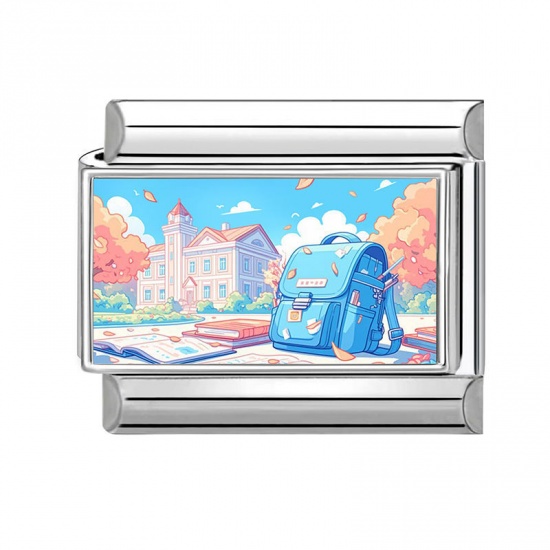 Picture of 1 Piece 304 Stainless Steel Italian Charm Links For DIY Modular Bracelet Watch Jewelry Making Wholesale Silver Tone Multicolor Rectangle Schoolbag 10mm x 9mm