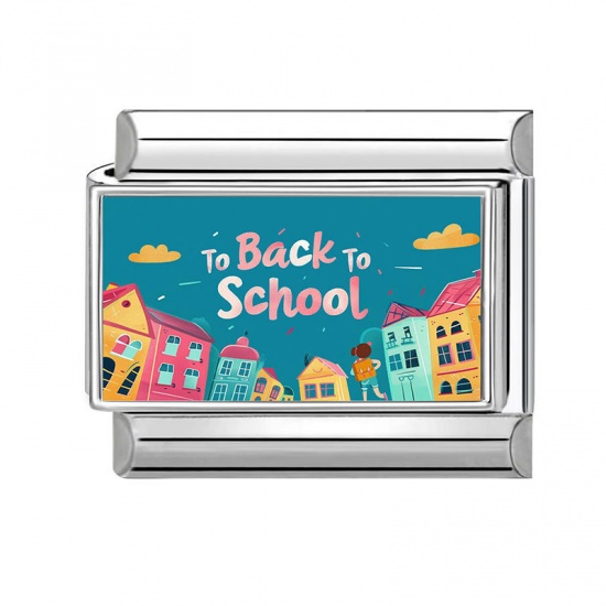 Picture of 1 Piece 304 Stainless Steel Italian Charm Links For DIY Modular Bracelet Watch Jewelry Making Wholesale Silver Tone Multicolor Rectangle Message " Back To School " 10mm x 9mm