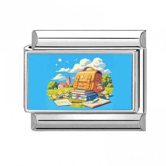 Picture of 1 Piece 304 Stainless Steel Italian Charm Links For DIY Modular Bracelet Watch Jewelry Making Wholesale Silver Tone Multicolor Rectangle Schoolbag 10mm x 9mm