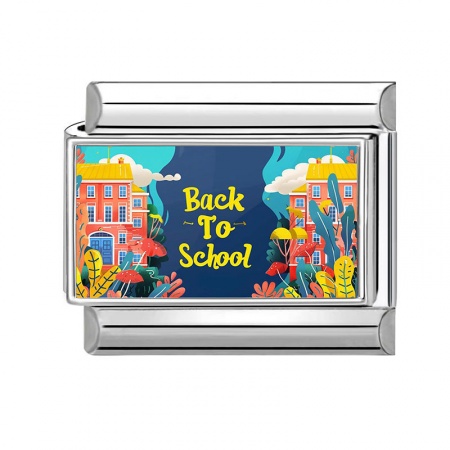 Picture of 1 Piece 304 Stainless Steel Italian Charm Links For DIY Modular Bracelet Watch Jewelry Making Wholesale Silver Tone Multicolor Rectangle Message " Back To School " 10mm x 9mm