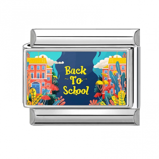 Picture of 1 Piece 304 Stainless Steel Italian Charm Links For DIY Modular Bracelet Watch Jewelry Making Wholesale Silver Tone Multicolor Rectangle Message " Back To School " 10mm x 9mm