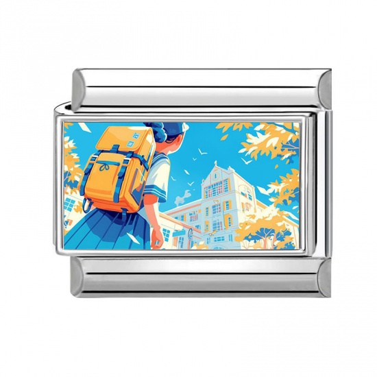 Picture of 1 Piece 304 Stainless Steel Italian Charm Links For DIY Modular Bracelet Watch Jewelry Making Wholesale Silver Tone Multicolor Rectangle Student 10mm x 9mm