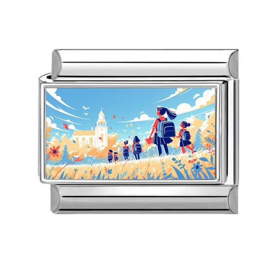 Picture of 1 Piece 304 Stainless Steel Italian Charm Links For DIY Modular Bracelet Watch Jewelry Making Wholesale Silver Tone Multicolor Rectangle Student 10mm x 9mm
