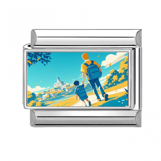 Picture of 1 Piece 304 Stainless Steel Italian Charm Links For DIY Modular Bracelet Watch Jewelry Making Wholesale Silver Tone Multicolor Rectangle Student 10mm x 9mm